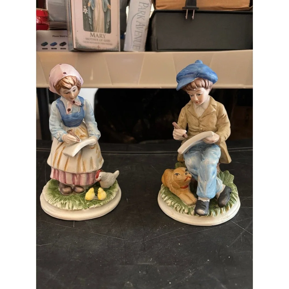 Vintage Country Boy Girl Studying Ceramic Figurine Pair Taiwan Made 6.3